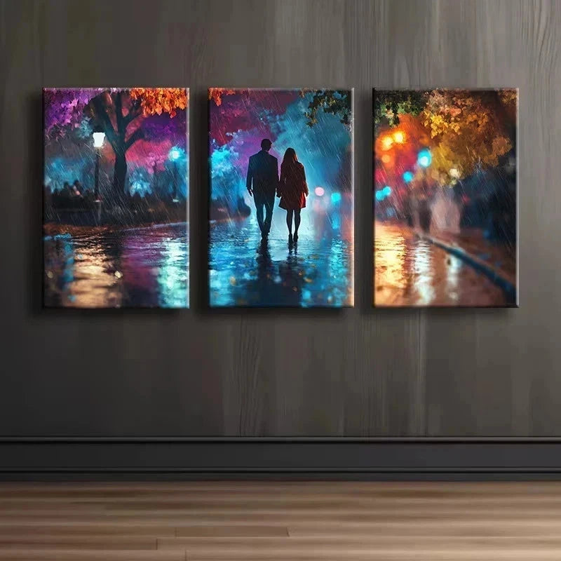 3pcs Lovers taking a walk in Vibrant Street Metal Print Ready to Hang Art