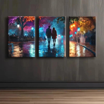 3pcs Lovers taking a walk in Vibrant Street Metal Print Ready to Hang Art