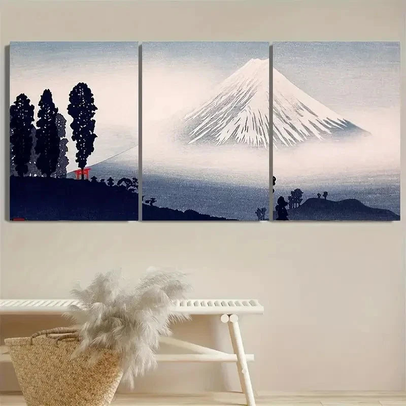3pcs Mount Fuji with Fog, Serene Japanese Wall Art Set Canvas Framed 60x90cm - High Quality Print 100% Australian Made Wall Canvas Ready to Hang