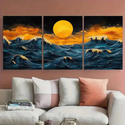 3pcs Japanese Wave Pattern in Yellow Navy Teal Wall Art Canvas Unframed – High Quality Print 100% Australian Made Wall Canvas