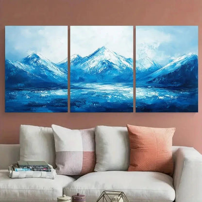 3pcs Serene Blue Mountain Impasto Textured Metal Print Ready to Hang Art