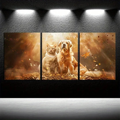 3pcs Cats and Dogs Dozing on A Pile of Golden Metal Print Ready to Hang Art