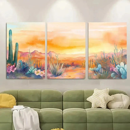 3pcs Watercolor Cacti and Wildflowers at Sunset Metal Print Ready to Hang Art