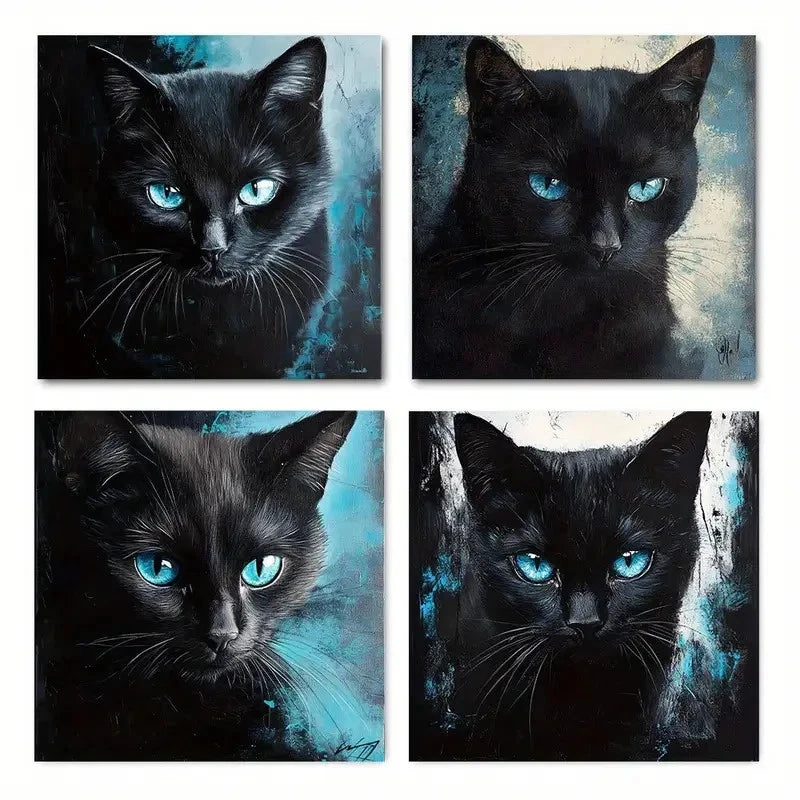 4pcs Stylish Black Cats with Blue Eyes Wall Art Canvas Framed