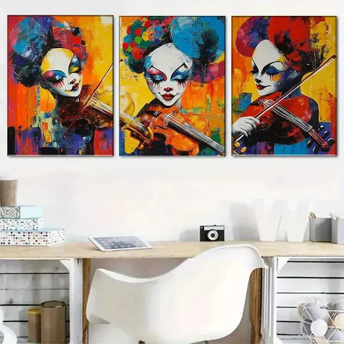 3 PCS Colorful Clown Violinist Artistic Atmosphere Wall Art Set Canvas Unframed - High Quality Print 100% Australian Made Wall Canvas