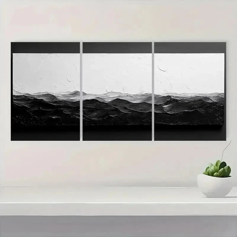 3pcs Black and White Abstract Textured Metal Print Ready to Hang Art - Bella Home Decor