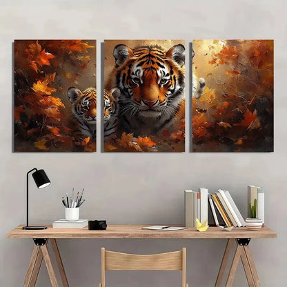 3pcs Tiger and Cub Vibrant Autumn Forest Scene Metal Print Ready to Hang Art - Bella Home Decor