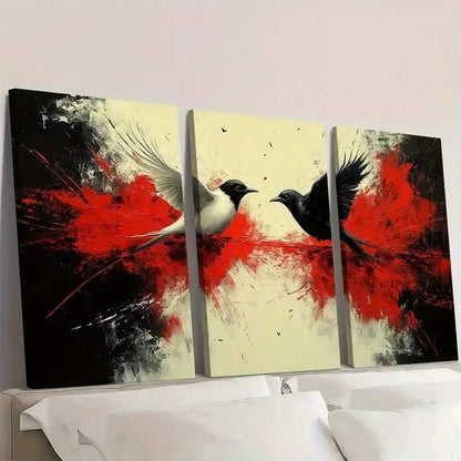 3pcs Black White and Red Birds ER  Wall Art Set Canvas Framed 50x70cm - High Quality Print 100% Australian Made Wall Canvas Ready to Hang - Bella Home Decor