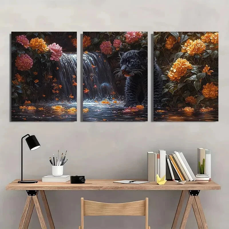 3pcs Black Panther Cub Waterfall & Floral Metal Print Ready to Hang Art - Bella Home Decor