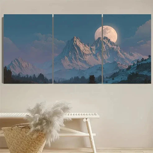 3pcs Mythical Mountains Fantasy Art, Full Moon Wall Art Canvas Unframed - High Quality Print 100% Australian Made Wall Canvas - Bella Home Decor