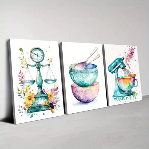 3pcs Colorful Classic Modern Watercolor Kitchen Wall Art Canvas Unframed - High Quality Print 100% Australian Made Wall Canvas - Bella Home Decor