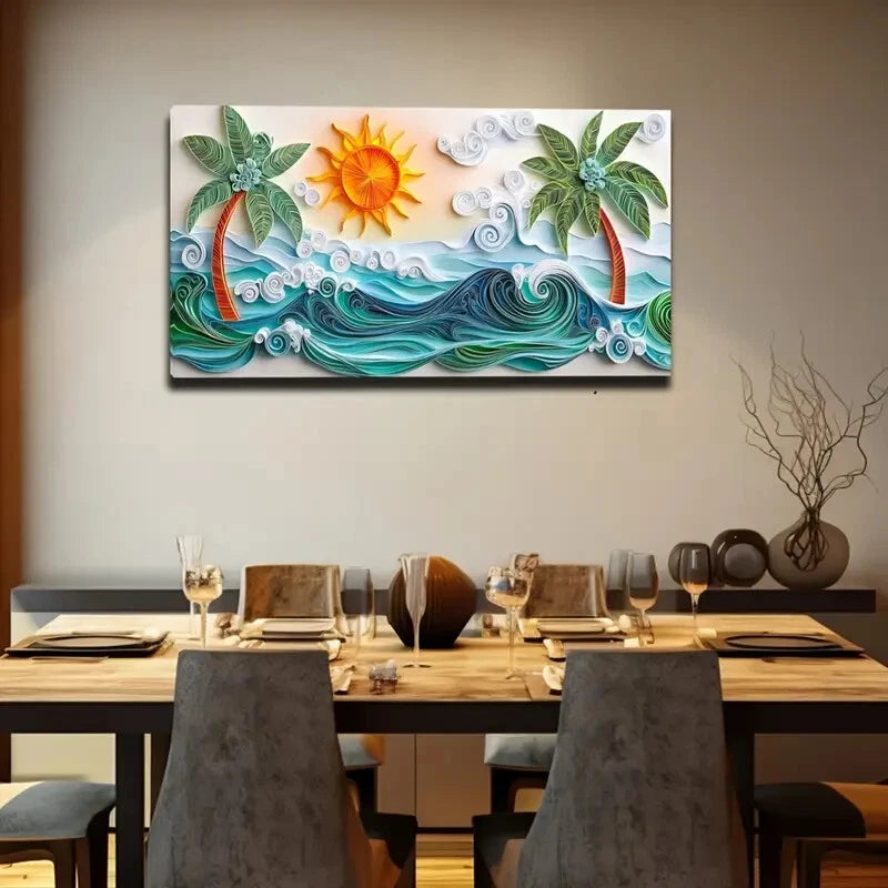 Sunset Beach Ocean Waves Scene Wall Art Canvas Office Home Room Framed 120x60cm - Bella Home Decor