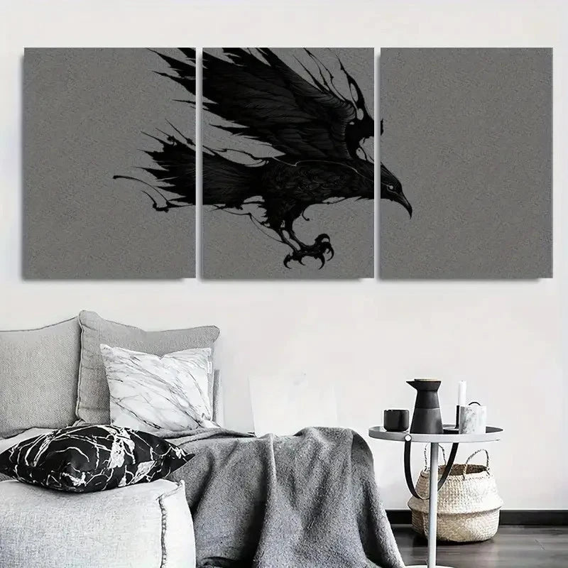 3pcs Black Bird in Flight with Dramatic Wings Metal Print Ready to Hang Art - Bella Home Decor