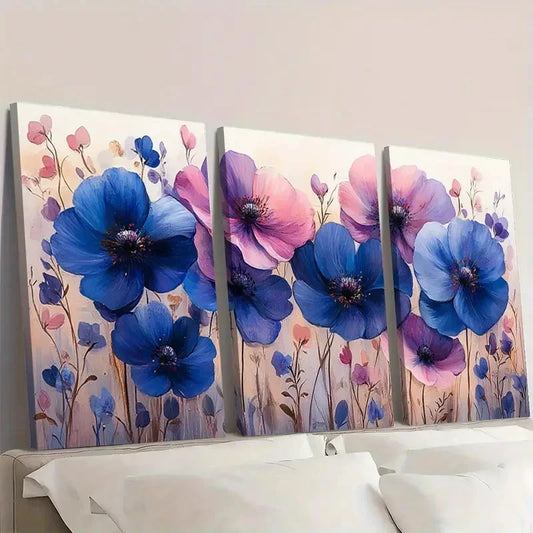 3pcs Purple Flower Painting Floral PL Wall Art Set Canvas Framed 60x90cm - High Quality Print 100% Australian Made Wall Canvas Ready to Hang