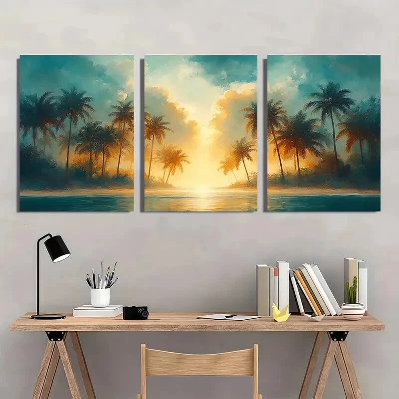 3pcs Tropical Palm Tree Watercolor Art Prints Metal Print Ready to Hang Art - Bella Home Decor