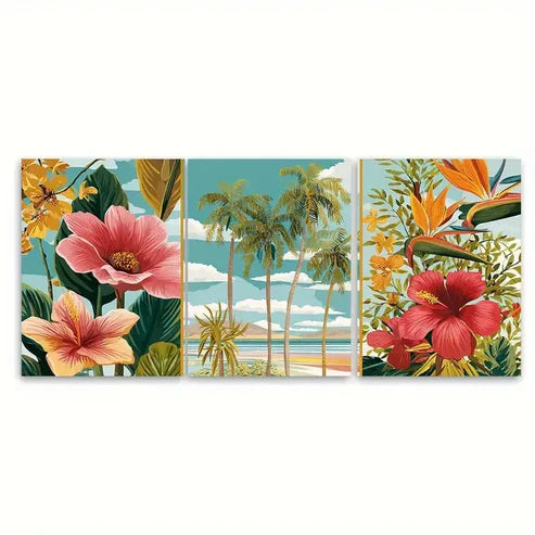 3pcs Lanzarote Travel Beach Floral Illustration Wall Art Canvas Unframed - High Quality Print 100% Australian Made Wall Canvas