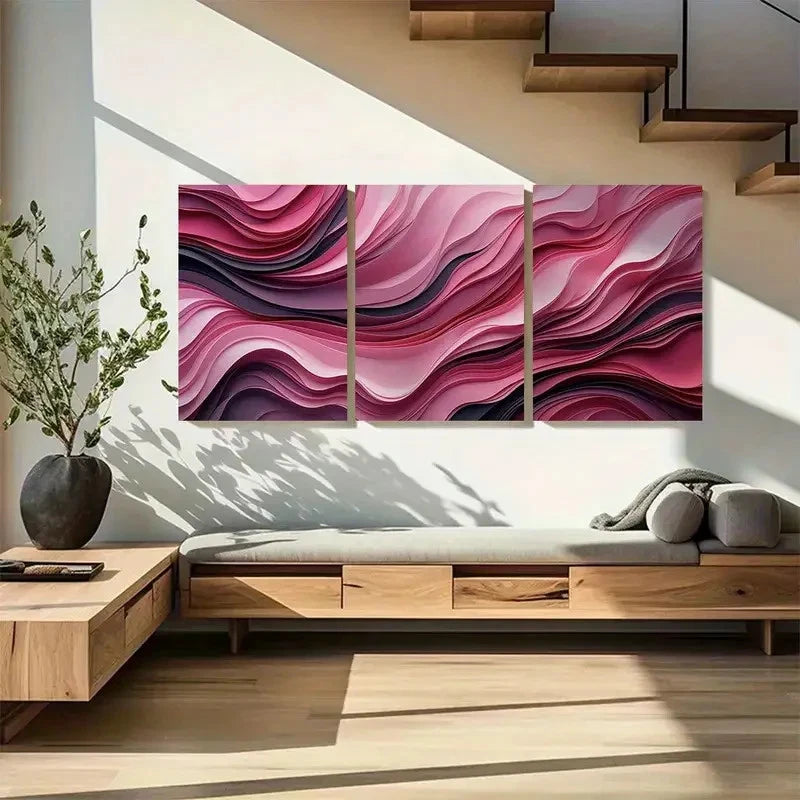 3pcs Pink Sculptural Abstract Metal Print Ready to Hang Art