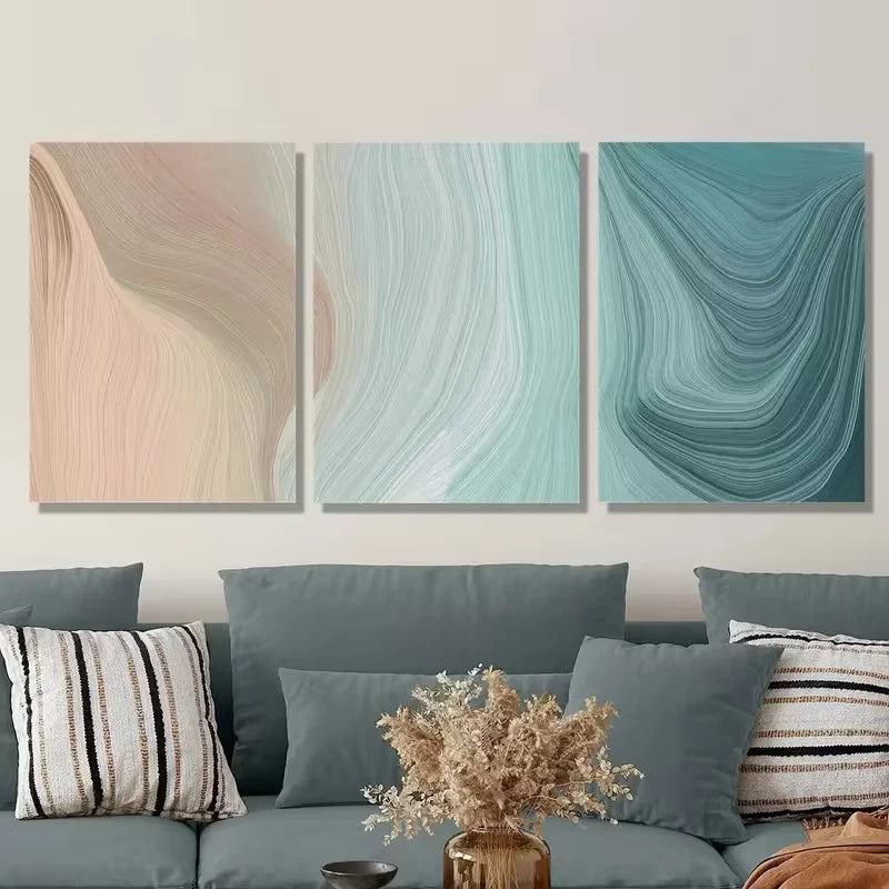 3pcs , Abstract Brown Turquoise Art Metal Print Ready to Hang Art - Bella Home Decor
