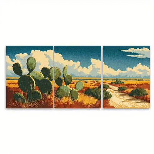3pcs Texas Travel Cacti illustration Wall Art Set Canvas Unframed - High Quality Print 100% Australian Made Wall Canvas