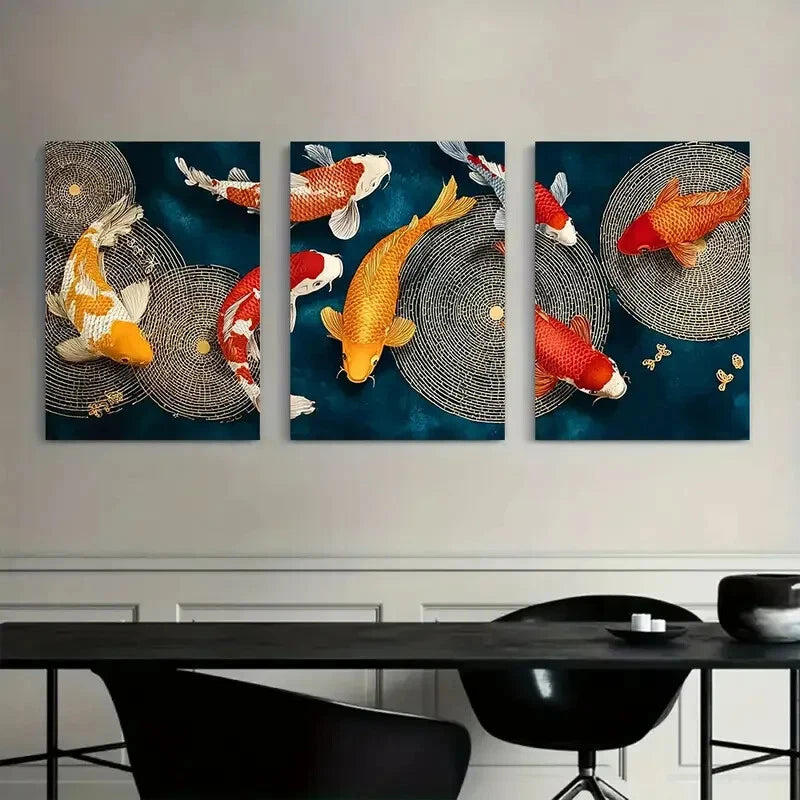 3pcs Koi Fish Vibrant Orange White Blue Metal Print Ready to Hang Art - Bella Home Decor