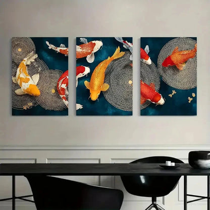 3pcs Koi Fish Vibrant Orange White Blue Metal Print Ready to Hang Art - Bella Home Decor