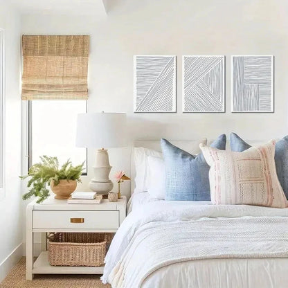 3pcs Navy Blue Wall Decor Neutral Boho Lines Metal Print Ready to Hang Art
