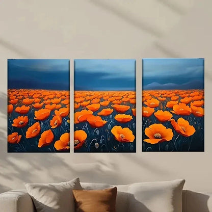 3pcs Orange Flowers in a Field & Dark Sky Wall Art Set Canvas Framed 50x70cm - High Quality Print 100% Australian Made Wall Canvas Ready to Hang