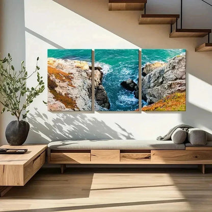 3pcs Sea Waves Coastline Rocks Modern Wall Art Set Canvas Framed 60x90cm - High Quality Print 100% Australian Made Wall Canvas Ready to Hang