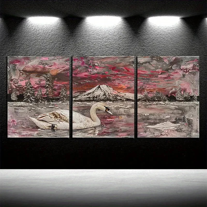 3pcs Vibrant Swan Lake Nature Inspired Design Metal Print Ready to Hang Art