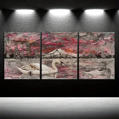 3pcs Vibrant Swan Lake Nature Inspired Design Metal Print Ready to Hang Art