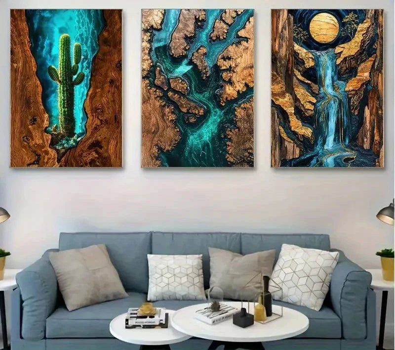 3pcs Water Flow & Cacti Desert Paintings Metal Print Ready to Hang Art