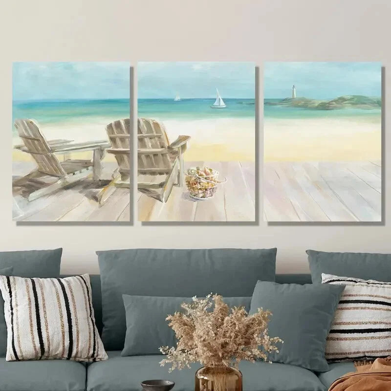 3pcs Beach Chair and Ocean View Metal Print Ready to Hang Art - Bella Home Decor