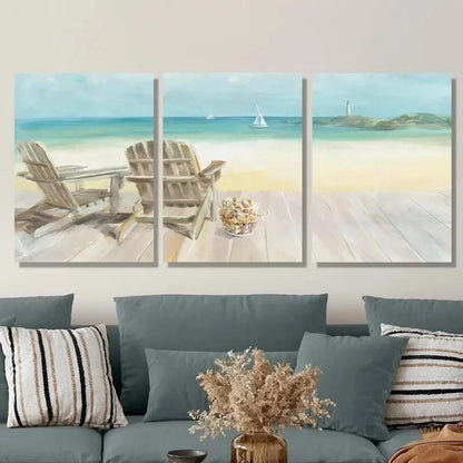 3pcs Beach Chair and Ocean View Metal Print Ready to Hang Art - Bella Home Decor