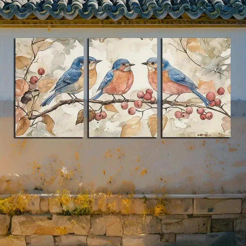 3pcs Bluebirds on a Berry Branch Metal Print Ready to Hang Art - Bella Home Decor