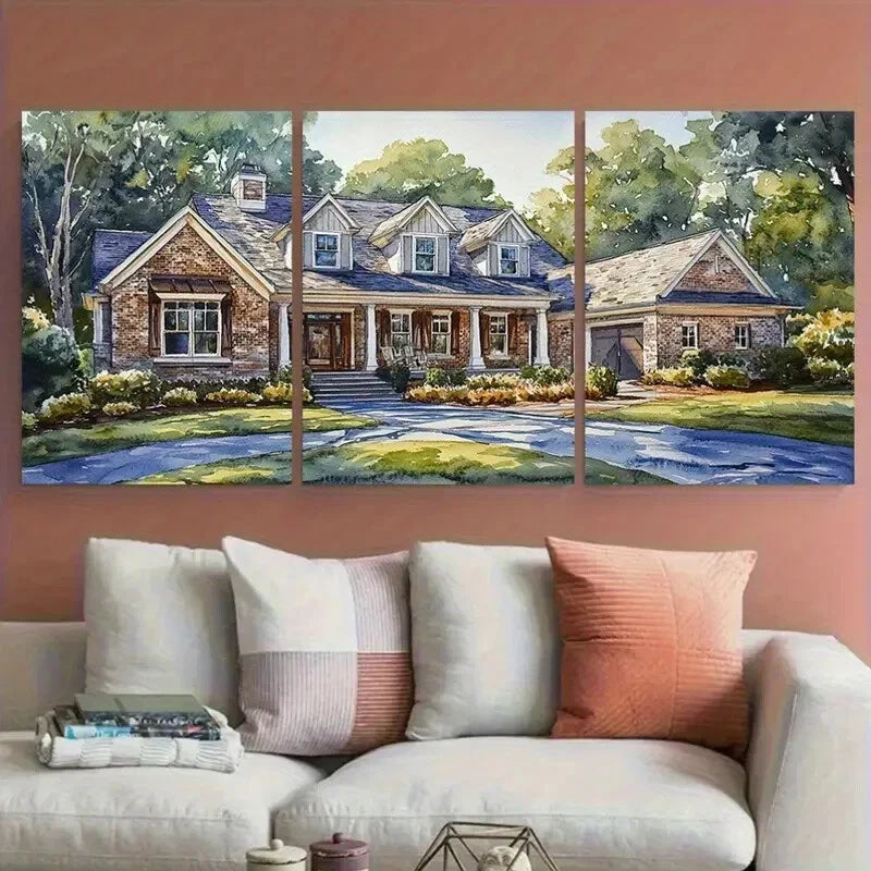 3pcs Custom House Portrait Illustration Metal Print Ready to Hang Art - Bella Home Decor
