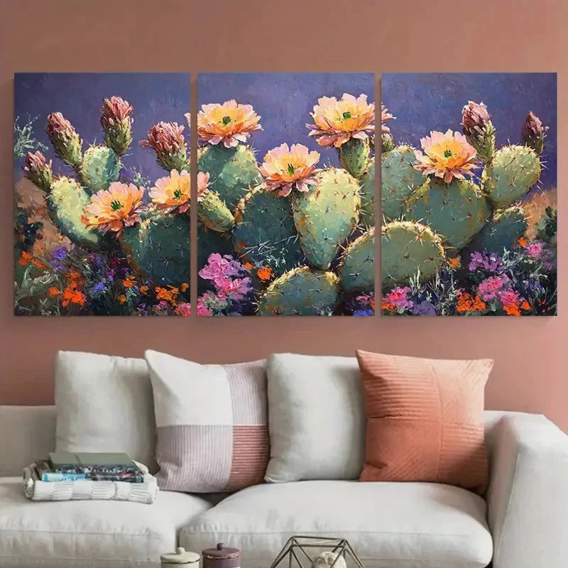 3pcs Blooming Cactus Colorful Impasto Design Metal Print Ready to Hang Art - Bella Home Decor