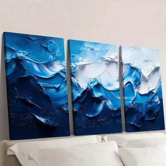 3pcs Texture Painting Blue Abstract RT Wall Art Set Canvas Framed 40x60cm - High Quality Print 100% Australian Made Wall Canvas Ready to Hang
