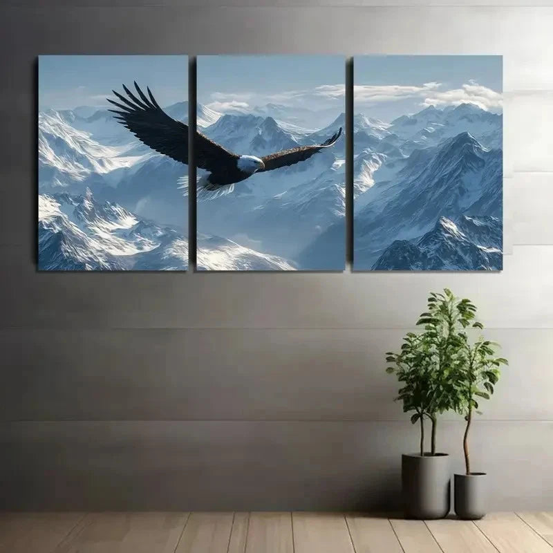 3pcs Eagle Soaring Over Snow-Capped Mountains Metal Print Ready to Hang Art - Bella Home Decor