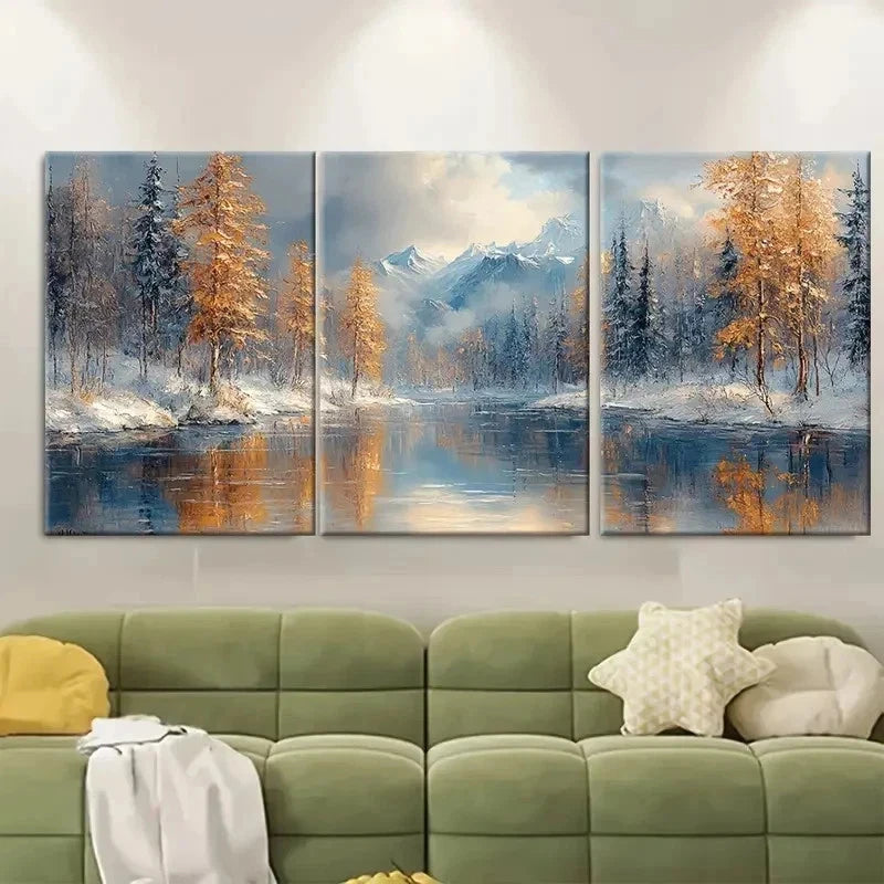 3pcs Winter River Oil Painting EK    Wall Art Set Canvas Framed 50x70cm - High Quality Print 100% Australian Made Wall Canvas Ready to Hang