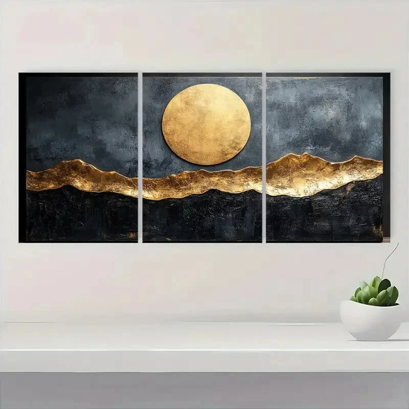 3pcs Modern Beige & Black Abstract Design Metal Print Ready to Hang Art - Bella Home Decor