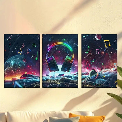 3pcs Music Themed Headphones with Colorful Notes Wall Art Set Canvas Framed 60x90cm - High Quality Print 100% Australian Made Wall Canvas Ready to Hang