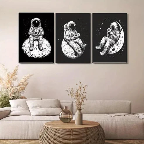 3 PCS Astronaut On Moon In Black And White Wall Art Set Canvas Unframed - High Quality Print 100% Australian Made Wall Canvas