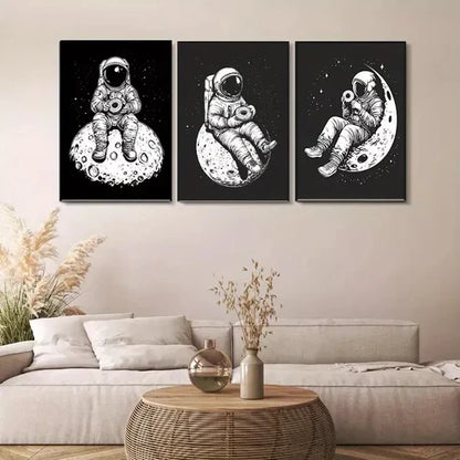 3 PCS Astronaut On Moon In Black And White Wall Art Set Canvas Unframed - High Quality Print 100% Australian Made Wall Canvas