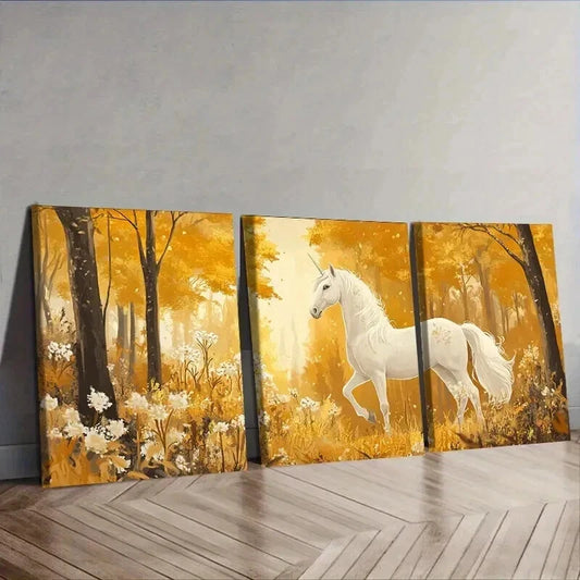 3pcs A White Unicorn in an Enchanted Forest Wall Art Set Canvas Framed 50x70cm - High Quality Print 100% Australian Made Wall Canvas Ready to Hang