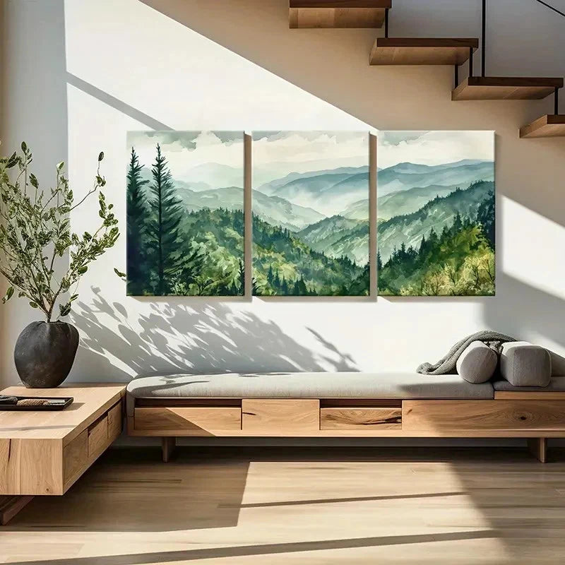 3pcs Vintage Mountain Green Forest Misty Hills  Wall Art Canvas  Wall Art Set Canvas Framed 40x60cm - High Quality Print 100% Australian Made Wall Canvas Ready to Hang - Bella Home Decor