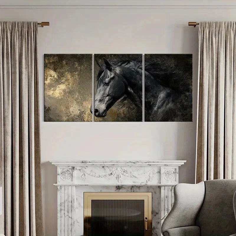 3pcs Black Horse Art Abstract Painting Poster Metal Print Ready to Hang Art - Bella Home Decor