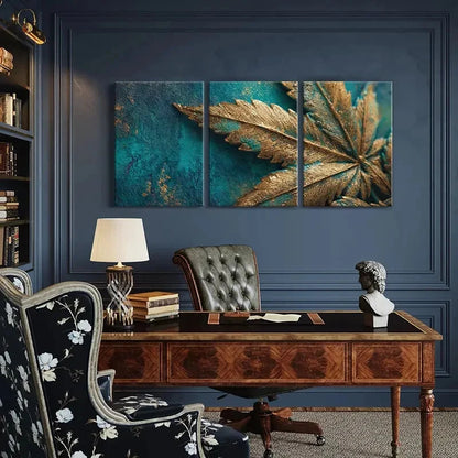 3pcs Golden Leaf Art Abstract Design Teal Metal Print Ready to Hang Art