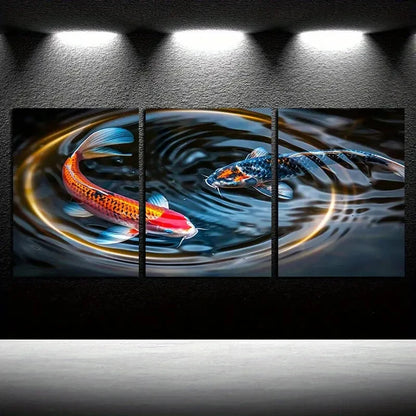 3pcs Two Koi Fish with Magical Circle Design Metal Print Ready to Hang Art - Bella Home Decor