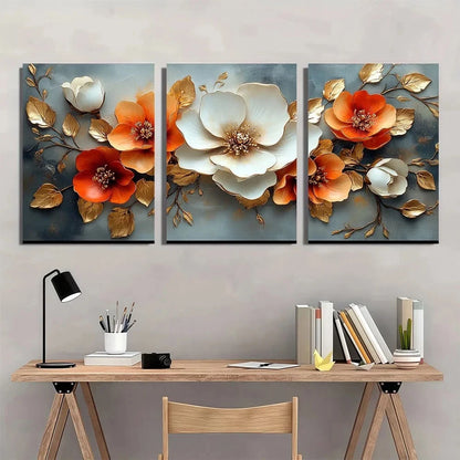 3pcs Elegant Modern White Golden Floral Metal Print Ready to Hang Art