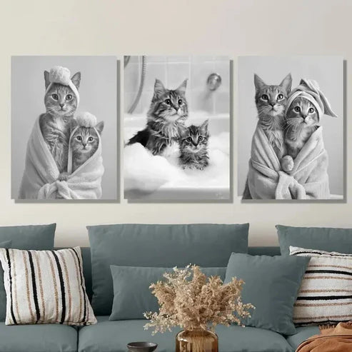 3pcs Adorable Black and White Cat Wall Art Set Canvas Unframed - High Quality Print 100% Australian Made Wall Canvas - Bella Home Decor